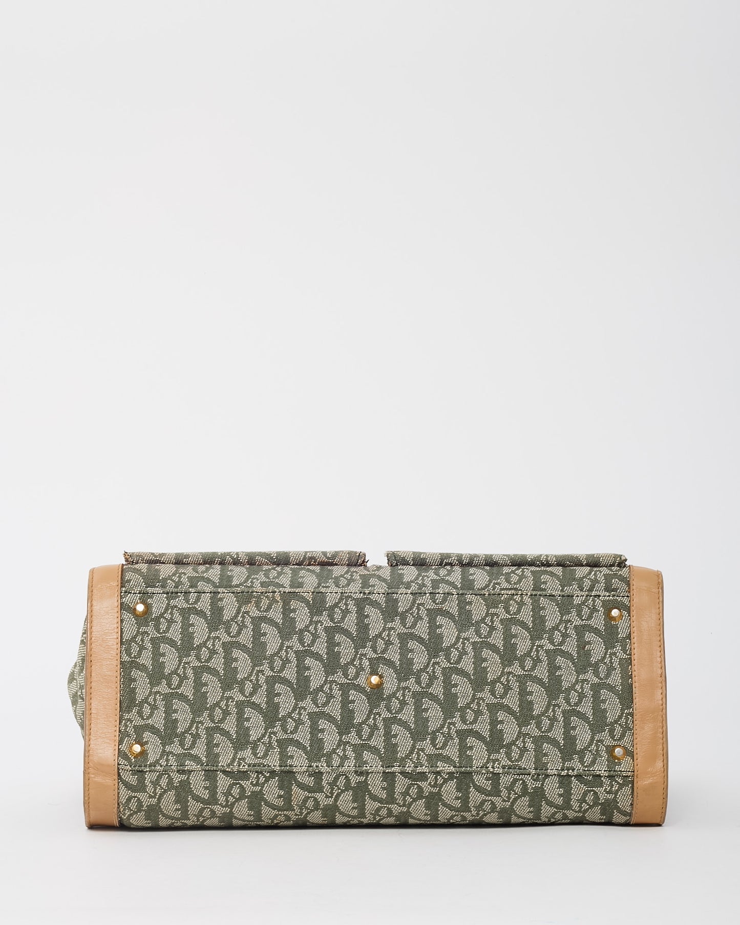 Dior Vintage Beige Leather Khaki Green Diorissimo Monogram Canvas Trotter Double Pocket Tote