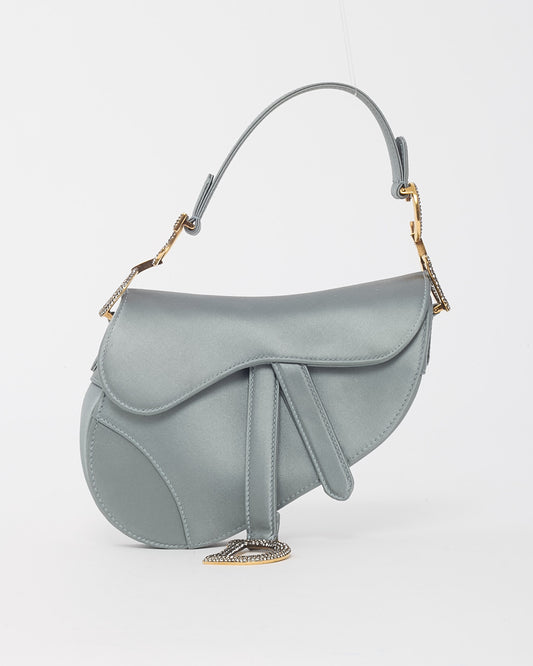 Dior Dust Blue Satin Crystal Embellished Mini Saddle Bag