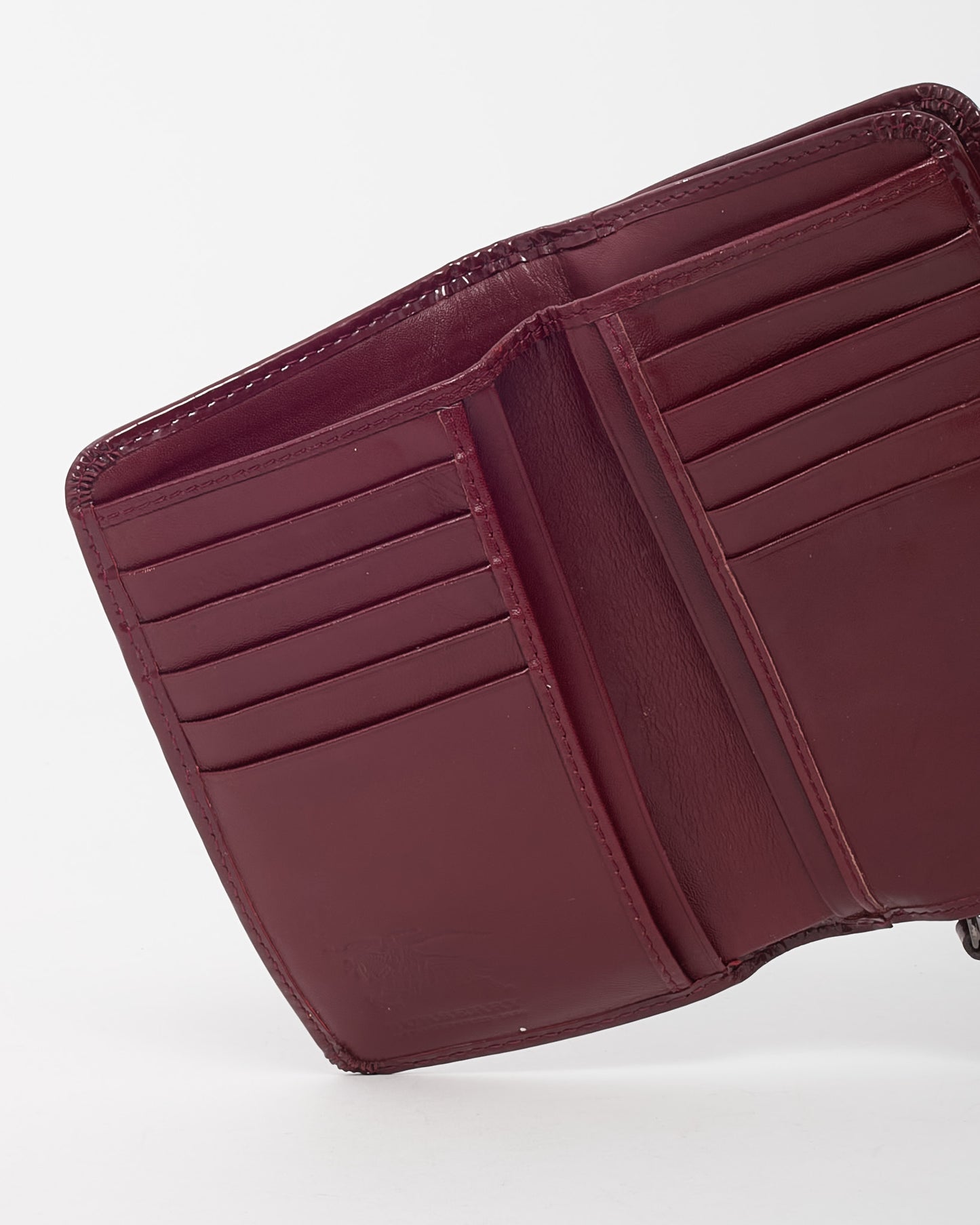 Burberry Burgundy Patent Leather and Beige Nova Check Coated Canvas Compact Wallet