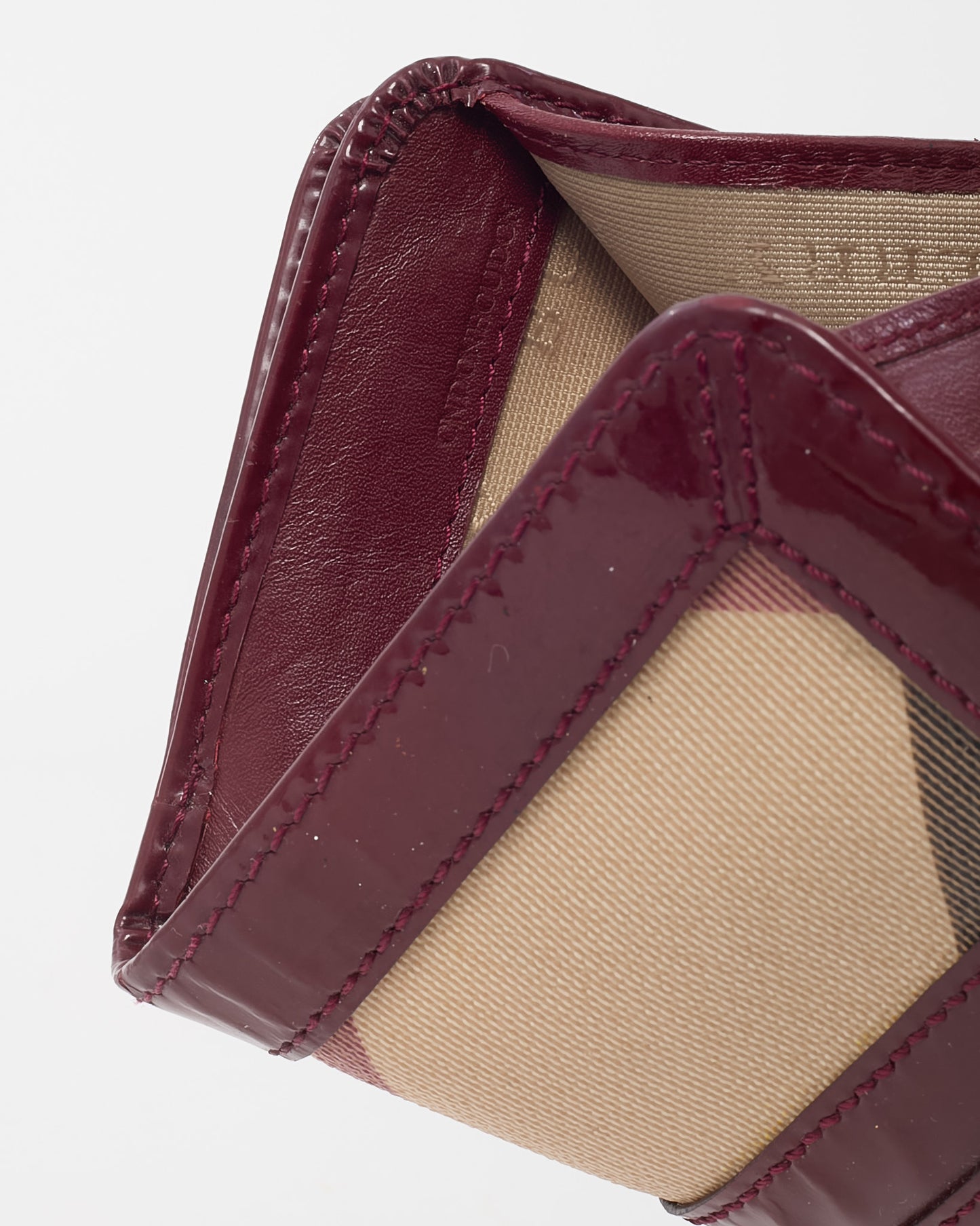 Burberry Burgundy Patent Leather and Beige Nova Check Coated Canvas Compact Wallet