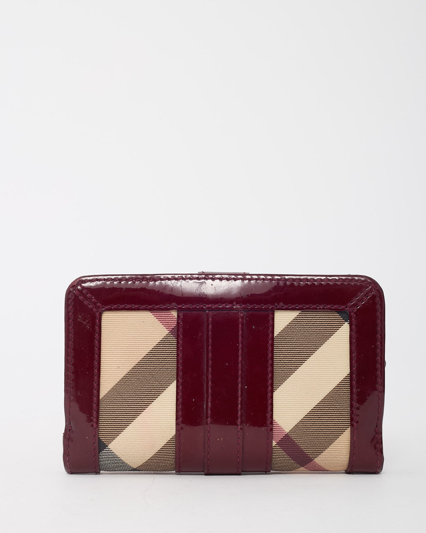 Burberry Burgundy Patent Leather and Beige Nova Check Coated Canvas Compact Wallet