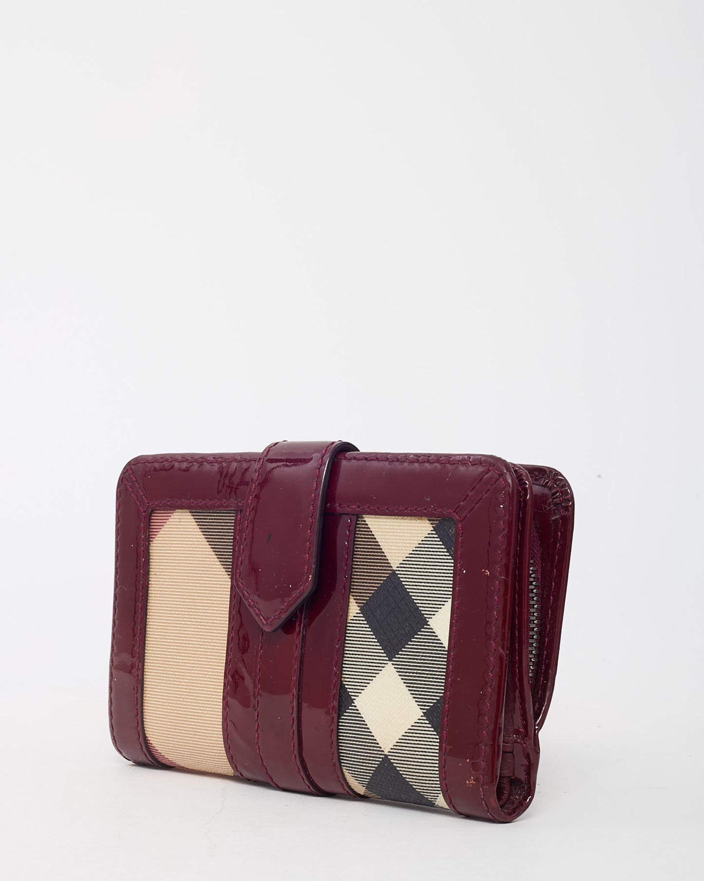 Burberry Burgundy Patent Leather and Beige Nova Check Coated Canvas Compact Wallet