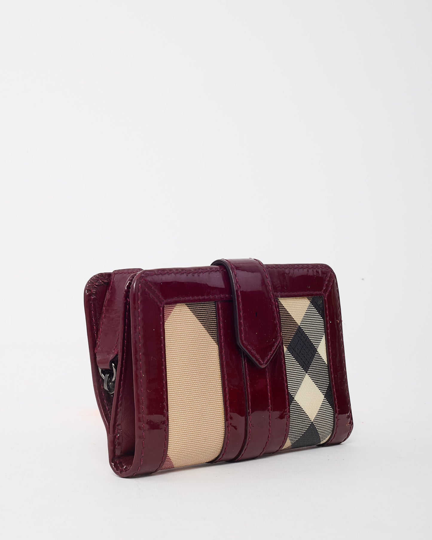 Burberry Burgundy Patent Leather and Beige Nova Check Coated Canvas Compact Wallet
