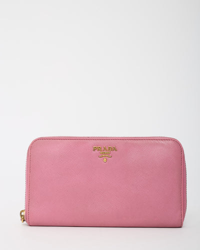Prada Pink Saffiano Leather Logo Zippy Wallet