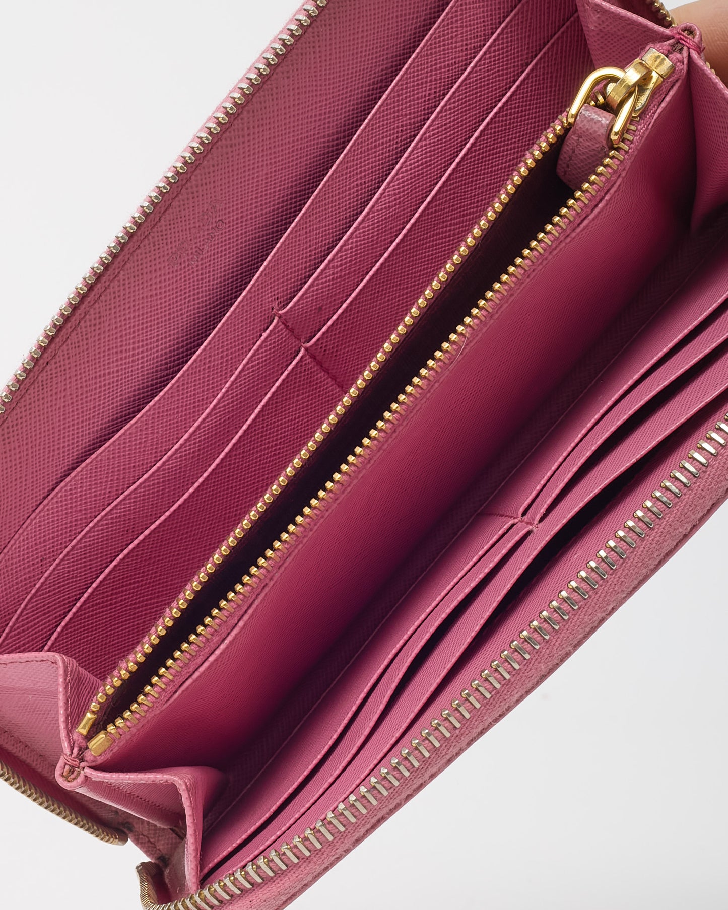 Prada Pink Saffiano Leather Logo Zippy Wallet