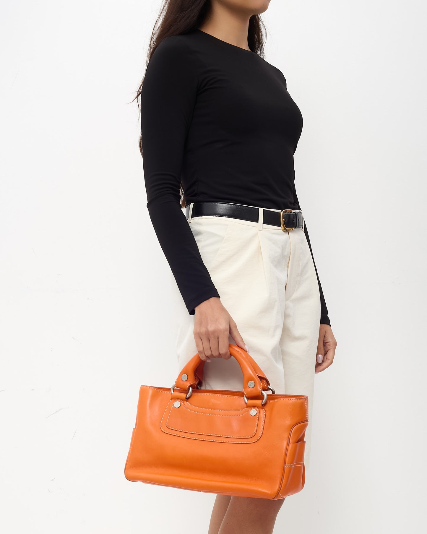 Sac Boogie Celine Vintage en Cuir Grainé Rose avec Clous Dorés