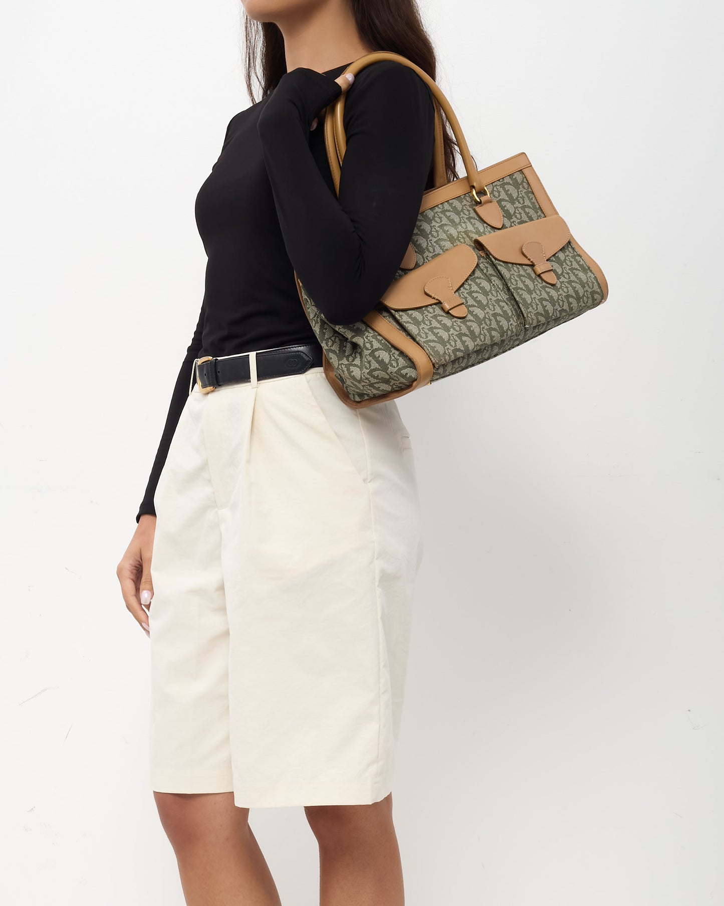 Dior Vintage Beige Leather Khaki Green Diorissimo Monogram Canvas Trotter Double Pocket Tote
