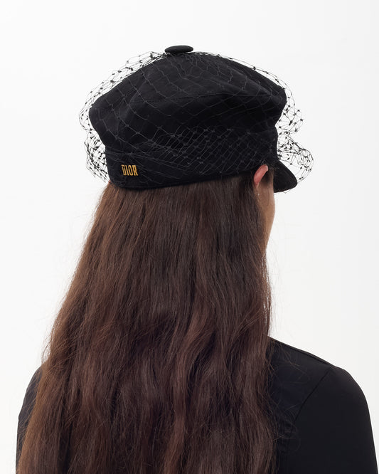 Dior Black Cotton Arty Mesh Veil Newsboy Cap - 56