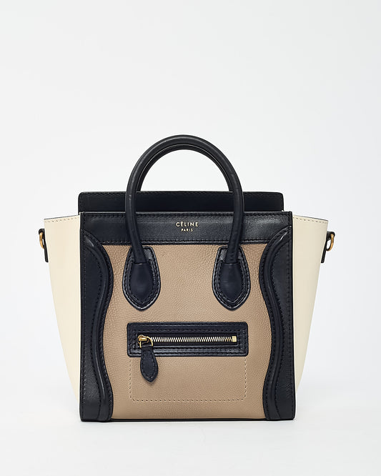 Celine White/Taupe/Black Leather Nano Luggage Bag with Strap