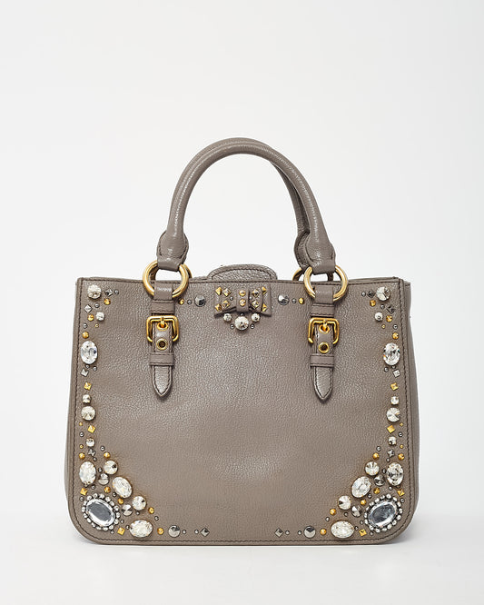 Miu Miu Grey Leather Crystal Embellished Studded Madras 2Way Tote Bag