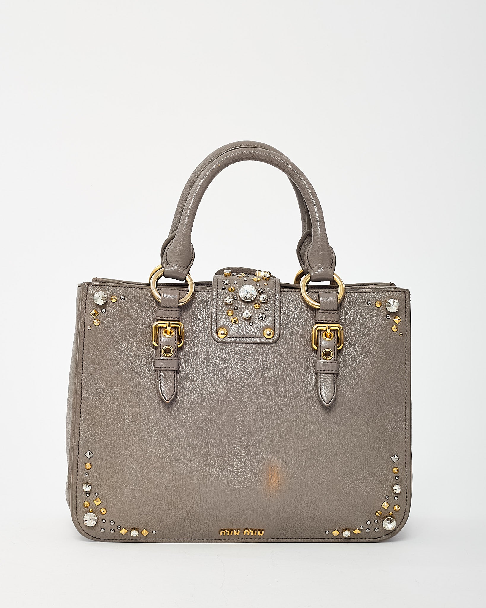 美品 MIU MIU LEATHER STUDDED HAND BAG Buy Miu Miu Grey Leather Crystal Embellished Studded Madras 2Way