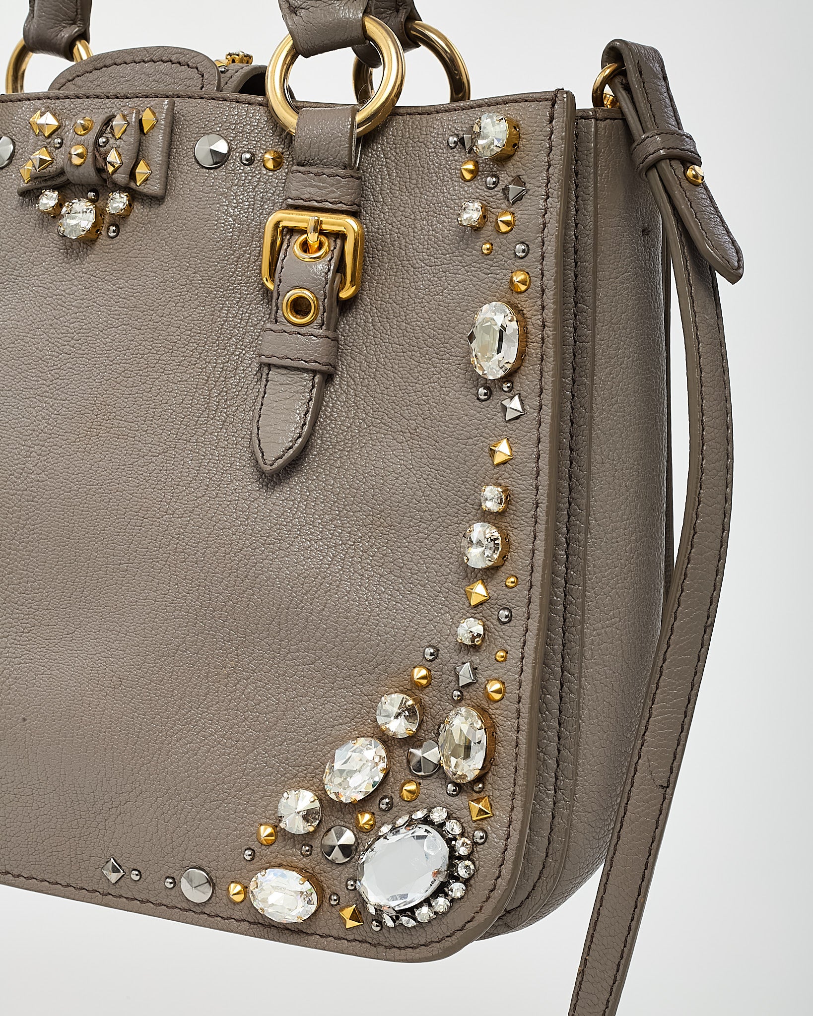 Buy Miu Miu Grey Leather Crystal Embellished Studded Madras 2Way