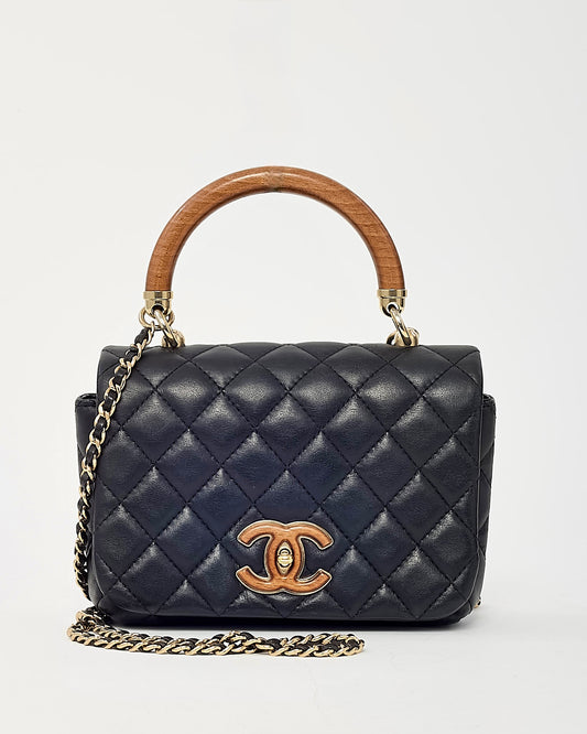 Chanel Black Quilted Lambskin Leather Knock On Wood Top Handle Flap Bag GHW