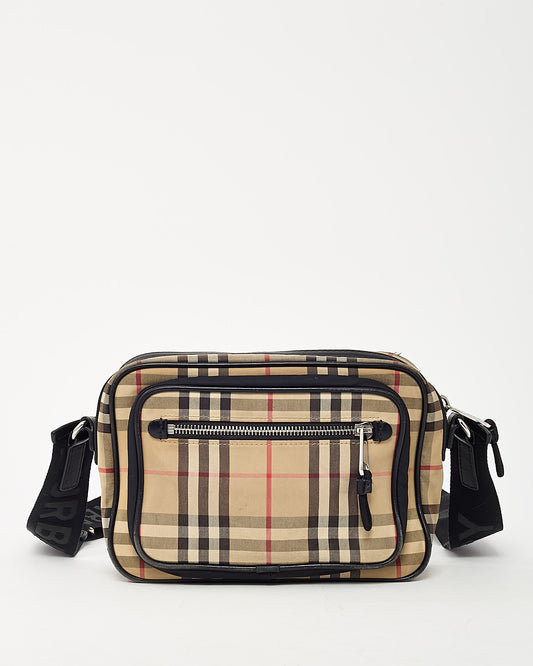 Burberry Black Leather Trim and Beige Archive Check Canvas Paddy Messenger Bag