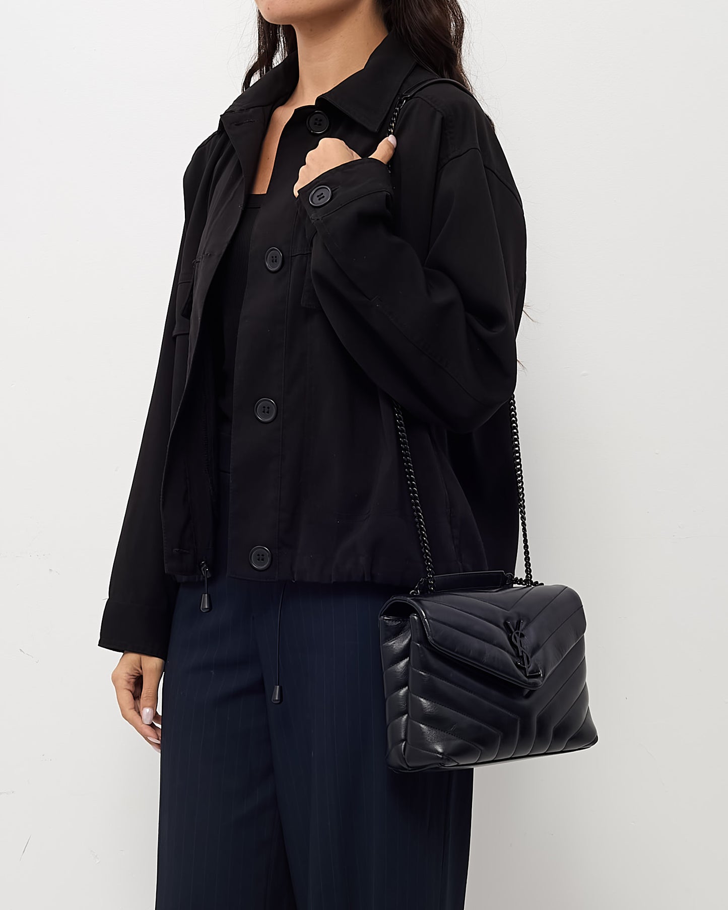 Saint Laurent Black Chevron Leather Small BHW YSL Monogram Loulou Shoulder Bag