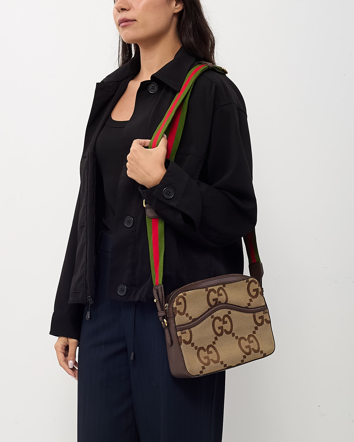 Gucci Beige and Brown Jumbo GG Monogram Canvas Messenger Crossbody Bag