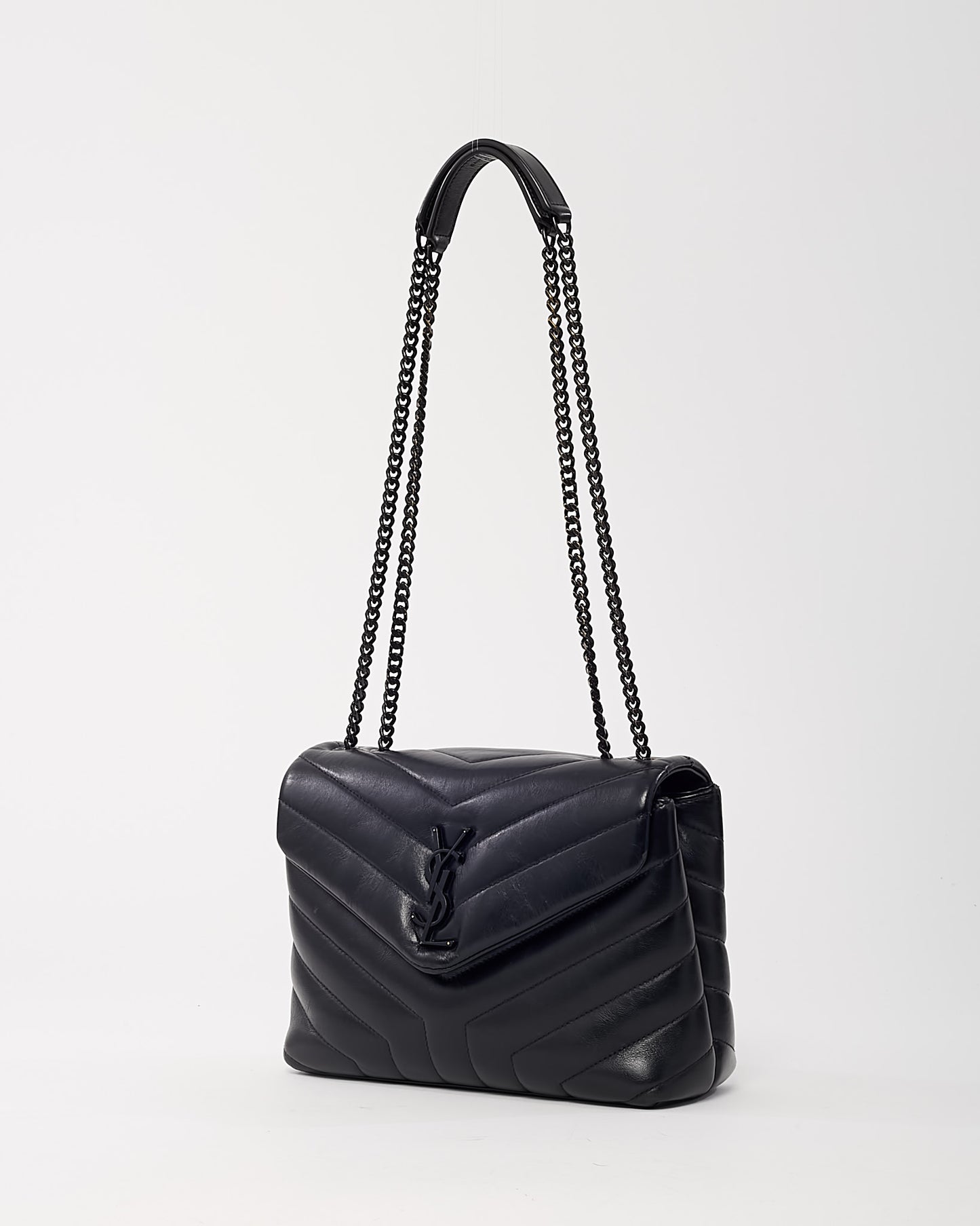 Saint Laurent Black Chevron Leather Small BHW YSL Monogram Loulou Shoulder Bag