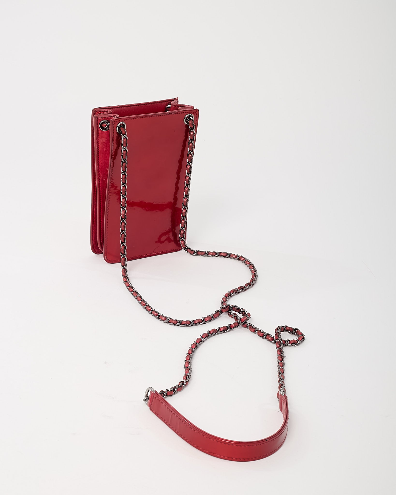 Buy Chanel Red Patent Leather CC Logo Phone Holder Chain Crossbody