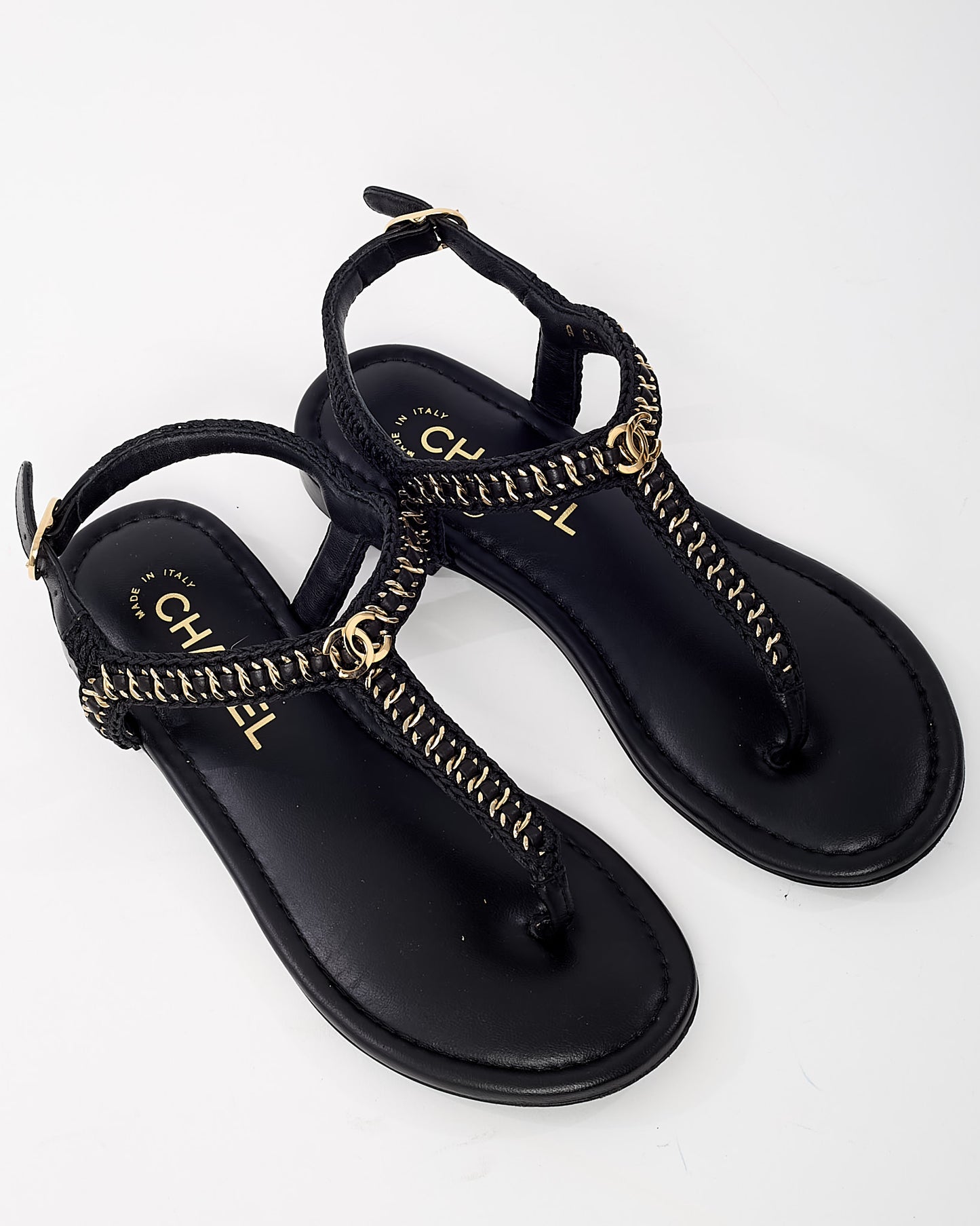Chanel Black Leather and Raffia Chain CC Logo Thong Flat Sandals - 36
