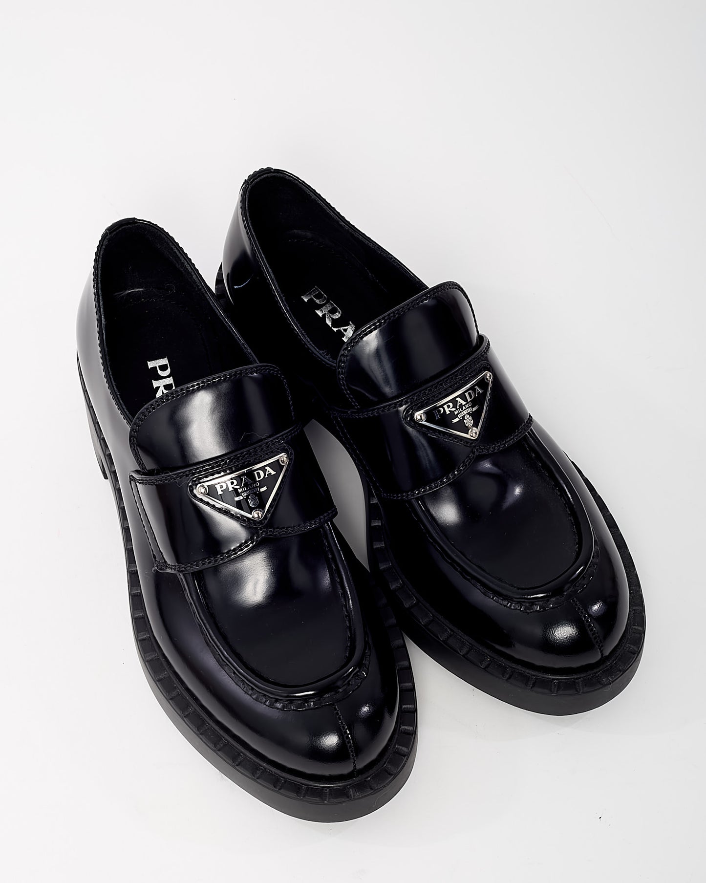 Prada Black Brushed Leather Chocolate Logo Loafers - 36