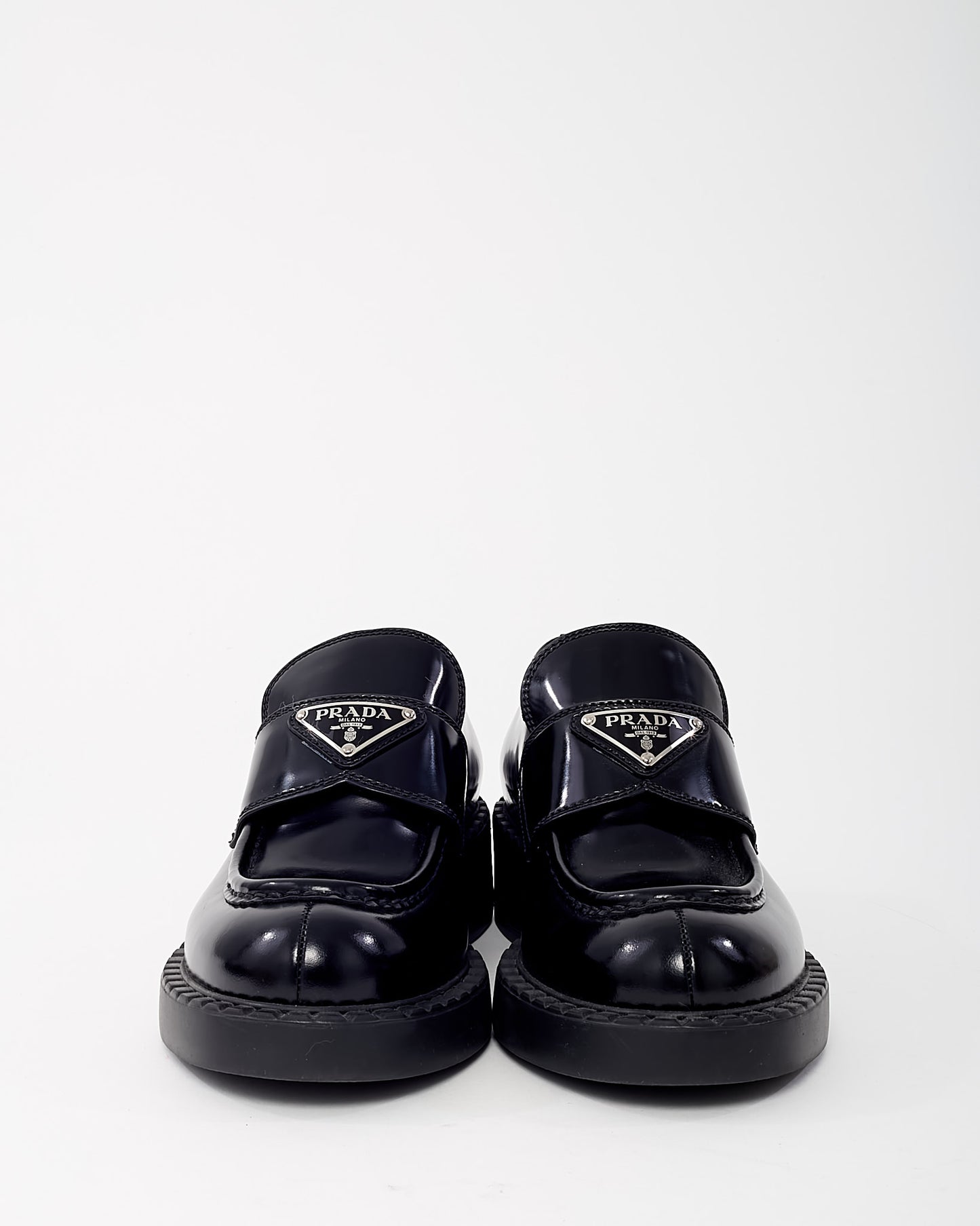 Prada Black Brushed Leather Chocolate Logo Loafers - 36