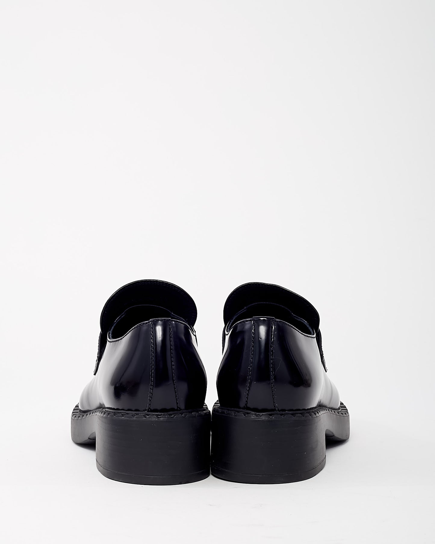 Prada Black Brushed Leather Chocolate Logo Loafers - 36