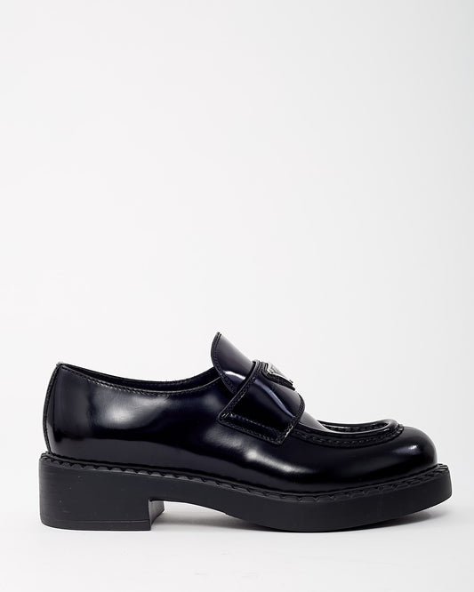 Prada Black Brushed Leather Chocolate Logo Loafers - 36