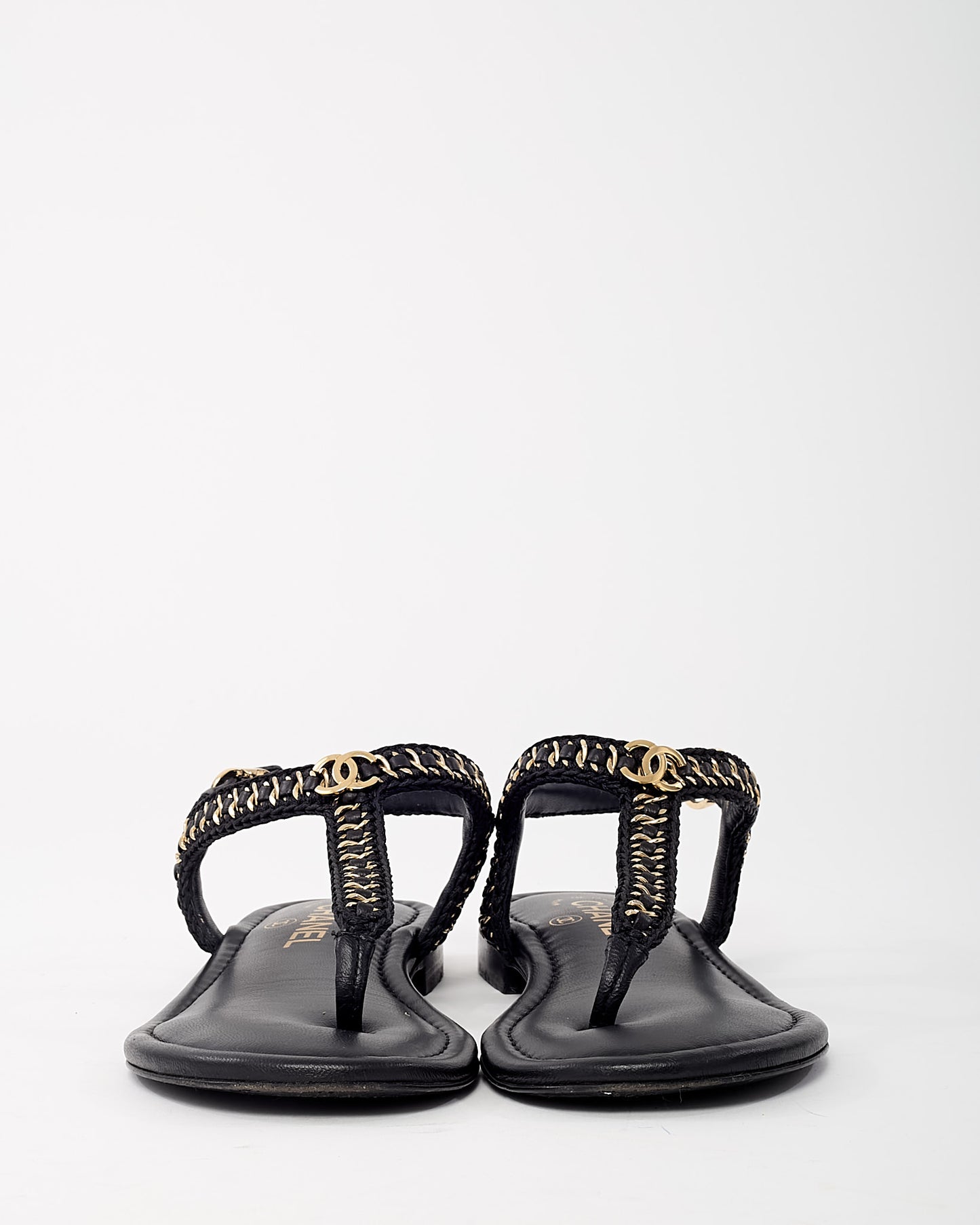 Chanel Black Leather and Raffia Chain CC Logo Thong Flat Sandals - 36