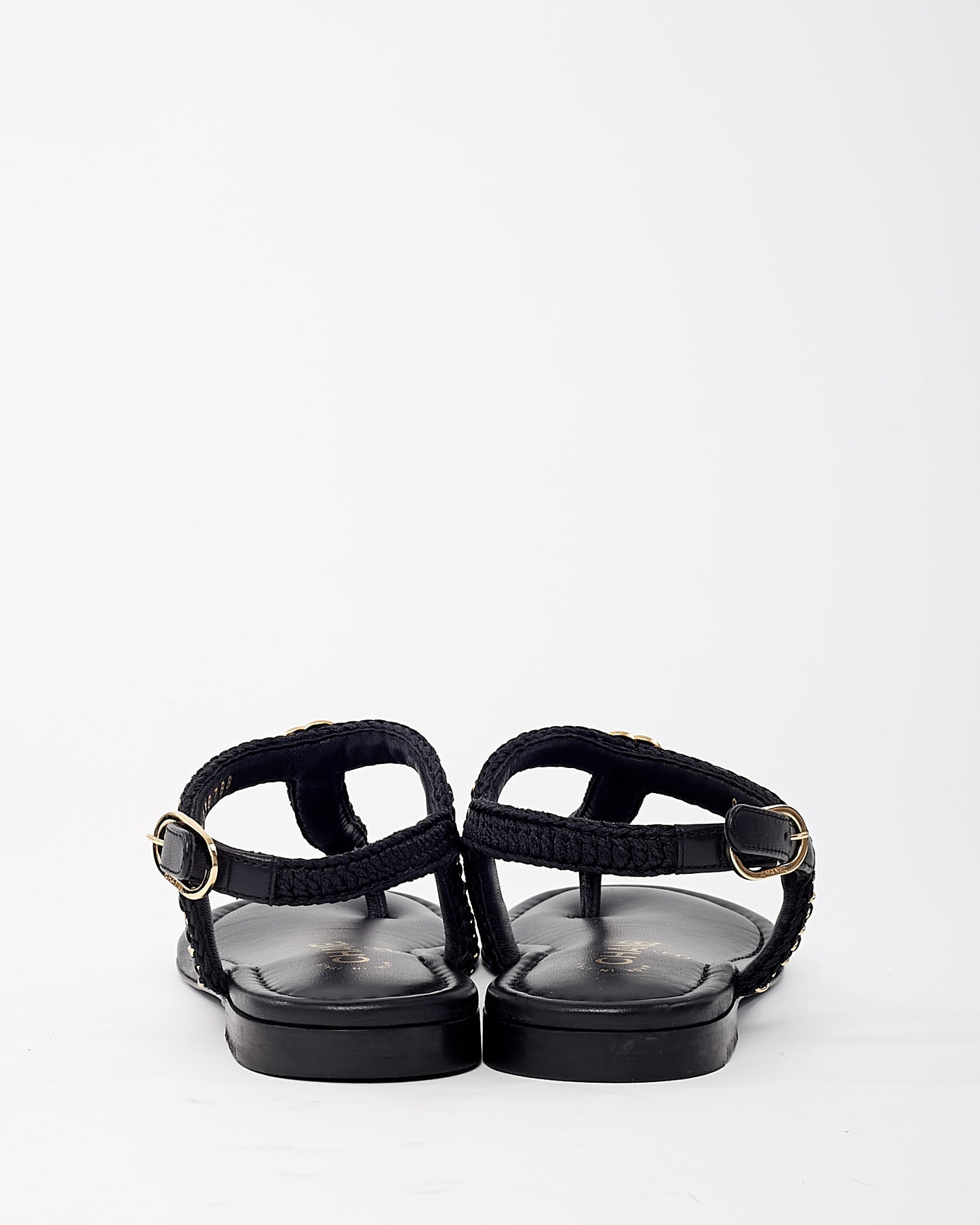 Chanel Black Leather and Raffia Chain CC Logo Thong Flat Sandals - 36