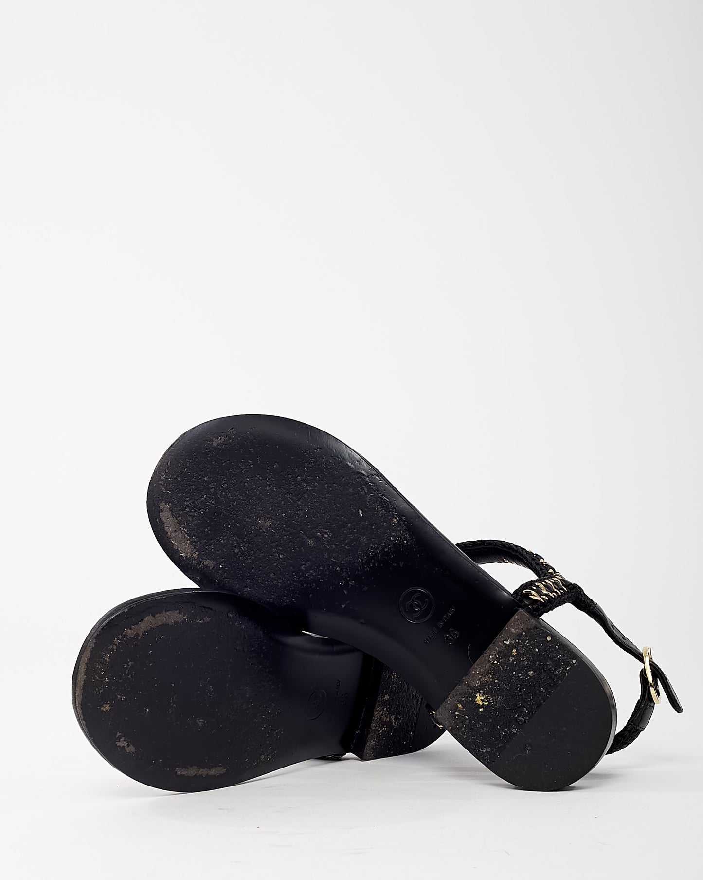 Chanel Black Leather and Raffia Chain CC Logo Thong Flat Sandals - 36