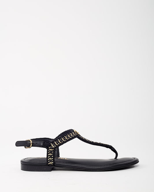 Chanel Black Leather and Raffia Chain CC Logo Thong Flat Sandals - 36
