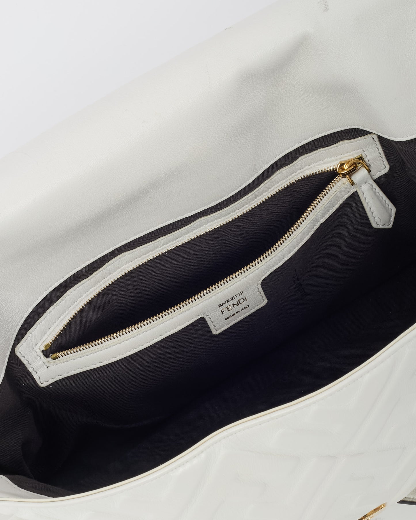 Fendi White FF Zucca Embossed Leather Large Baguette Bag with Strap