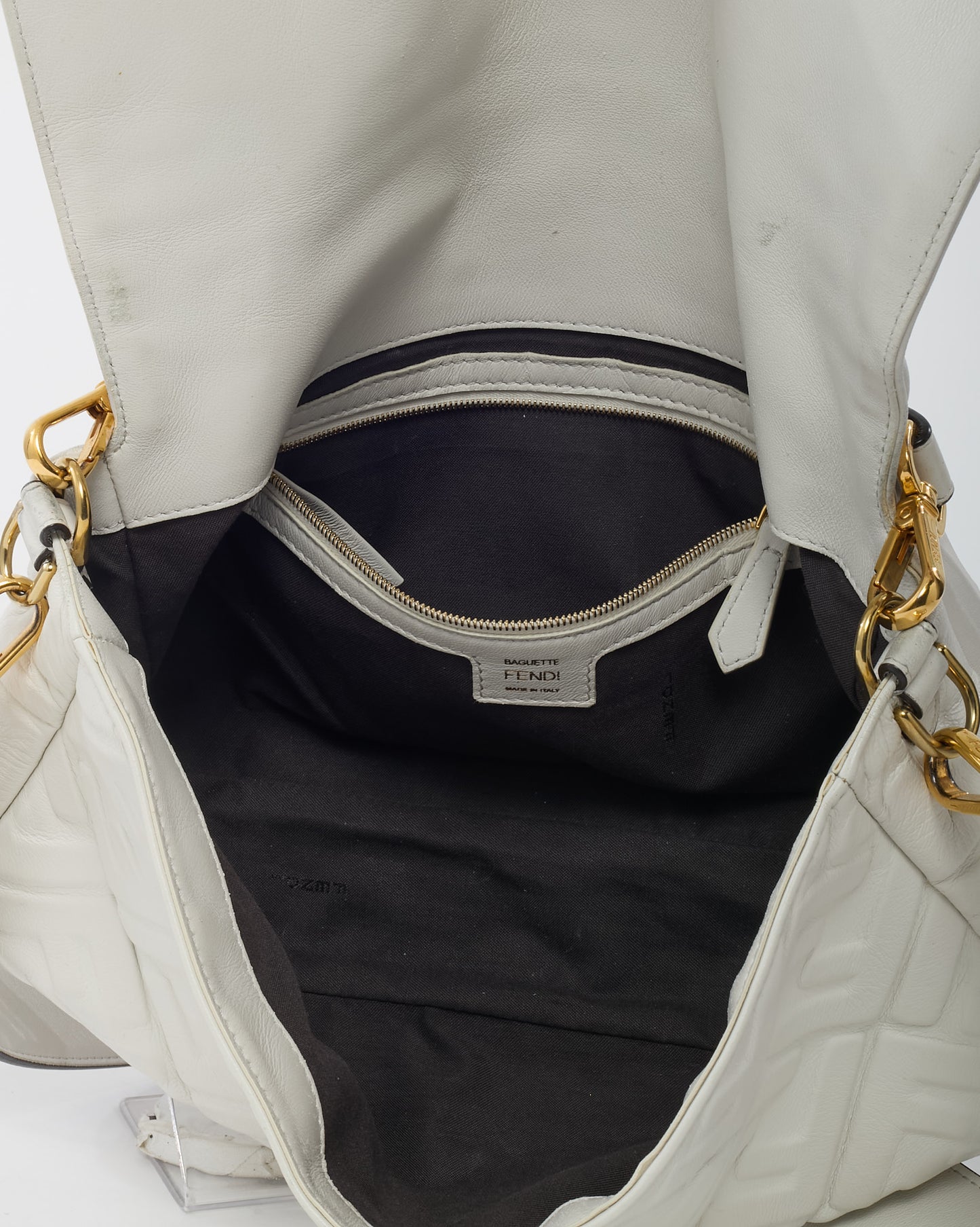 Fendi White FF Zucca Embossed Leather Large Baguette Bag with Strap