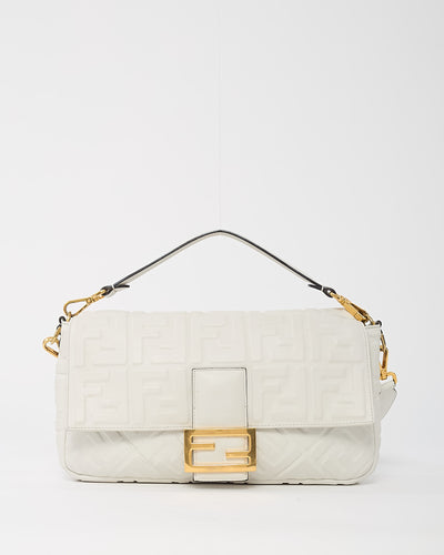 Fendi White FF Zucca Embossed Leather Large Baguette Bag with Strap