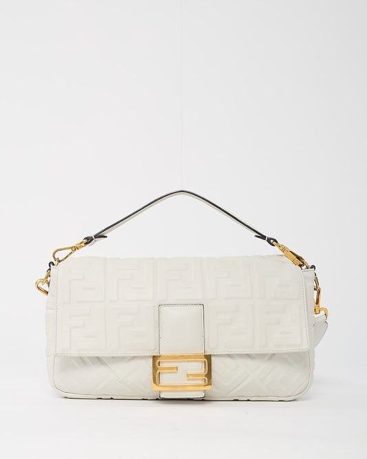 Fendi White FF Zucca Embossed Leather Large Baguette Bag with Strap
