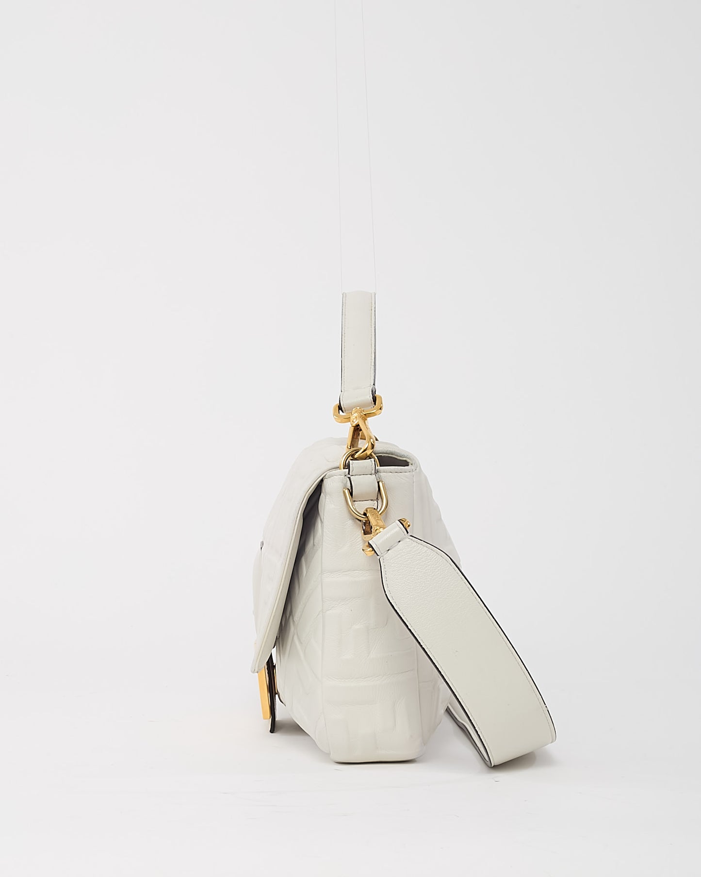Fendi White FF Zucca Embossed Leather Large Baguette Bag with Strap