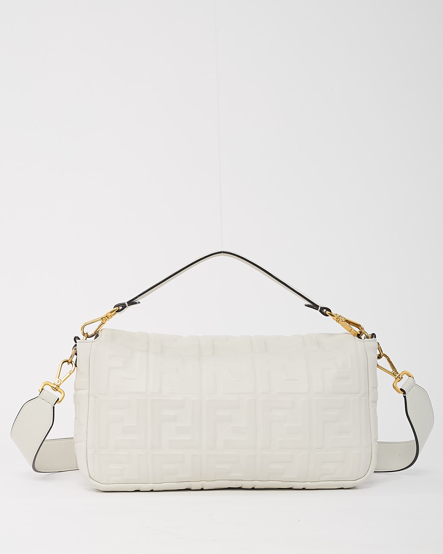 Fendi White FF Zucca Embossed Leather Large Baguette Bag with Strap
