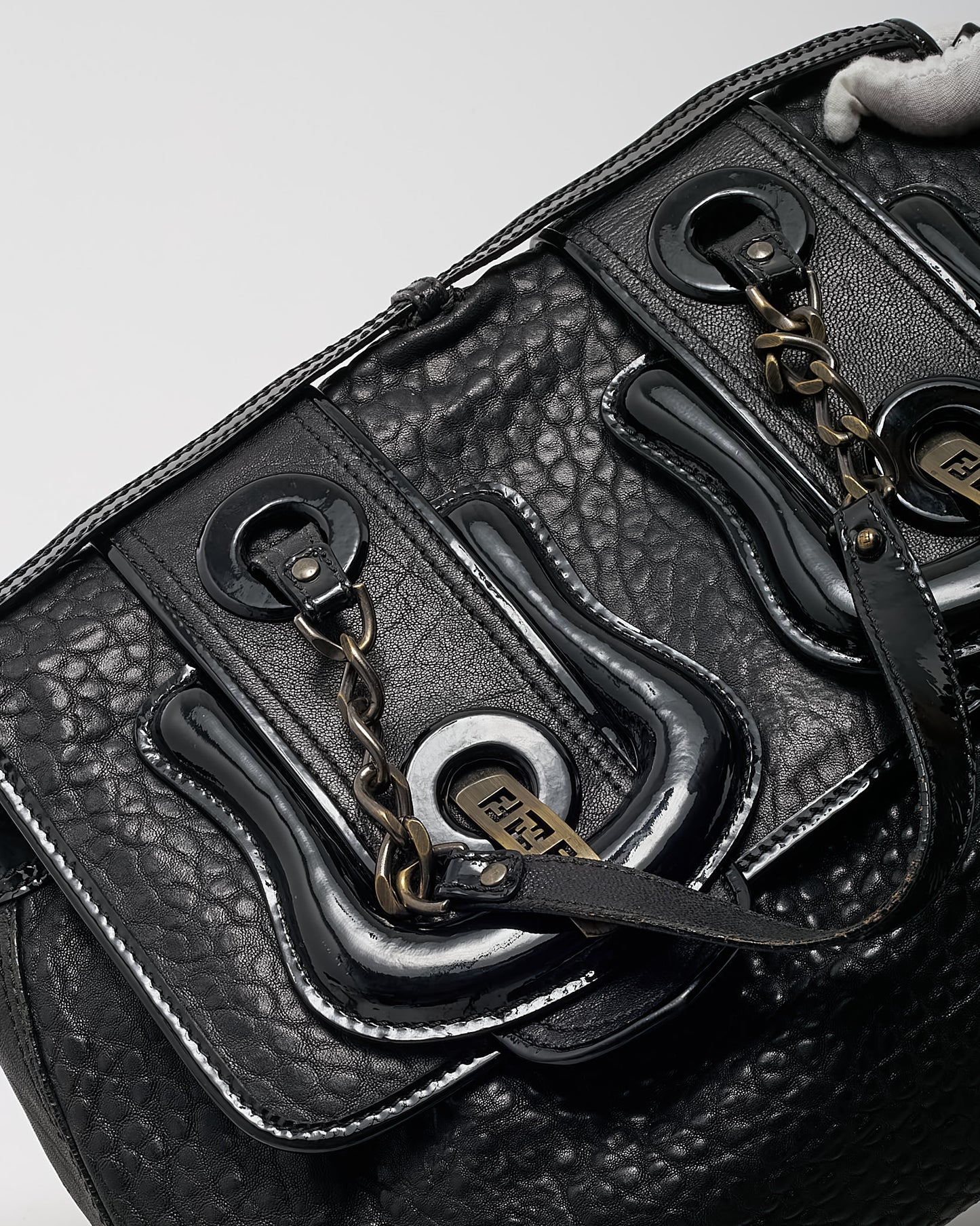 Fendi Black Pebbled Leather Large Buckle B Shoulder Bag