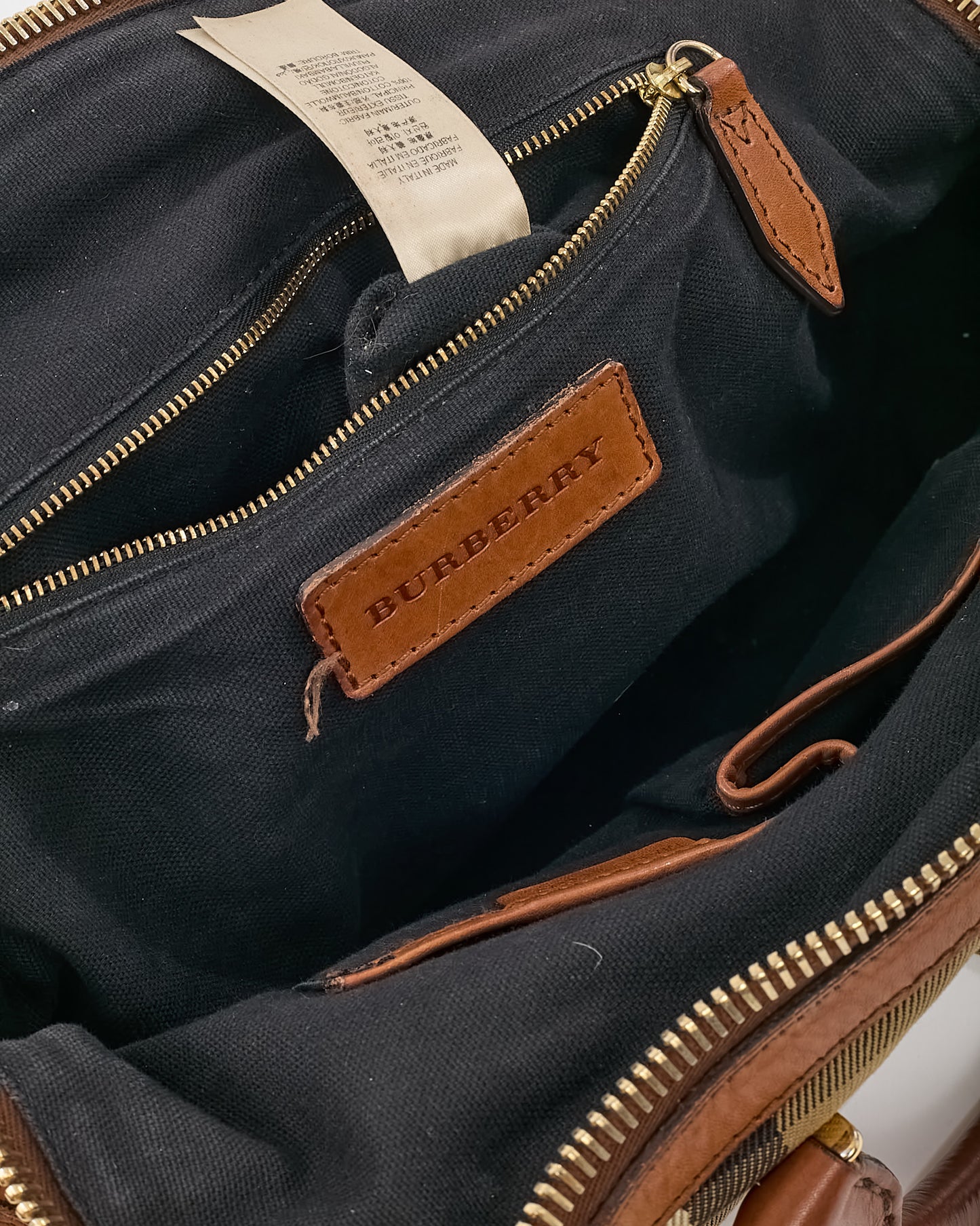 Burberry Tan Leather and Beige House Check Canvas 2Way Top Handle Bag with Strap
