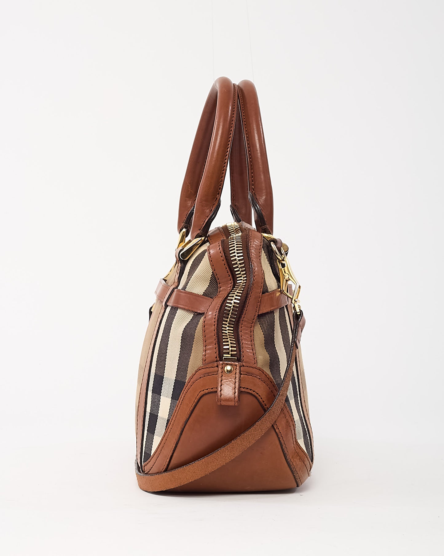 Burberry Tan Leather and Beige House Check Canvas 2Way Top Handle Bag with Strap