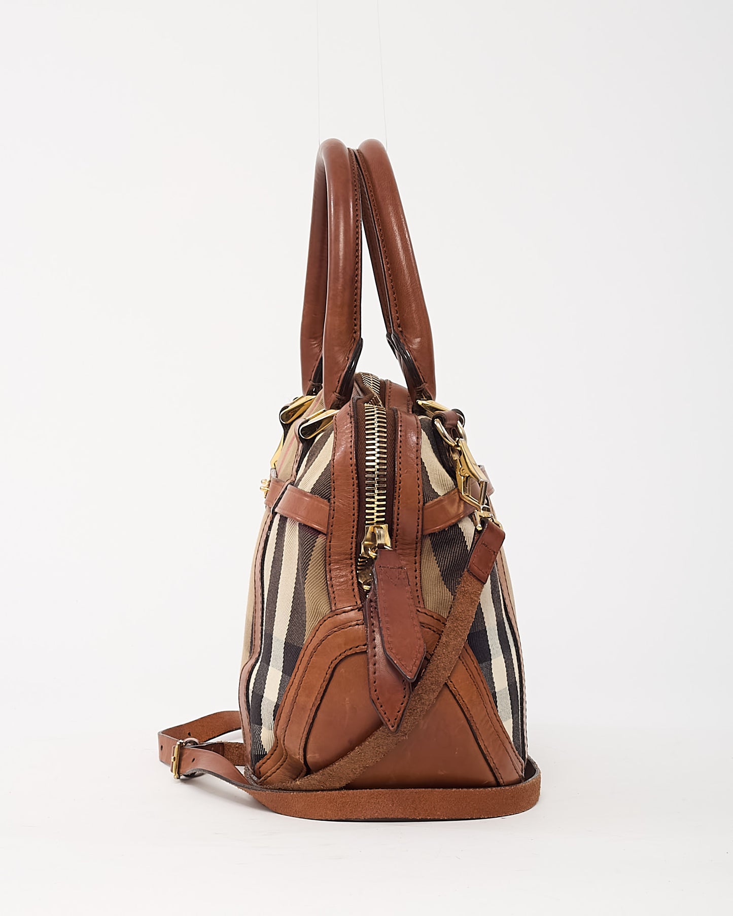 Burberry Tan Leather and Beige House Check Canvas 2Way Top Handle Bag with Strap