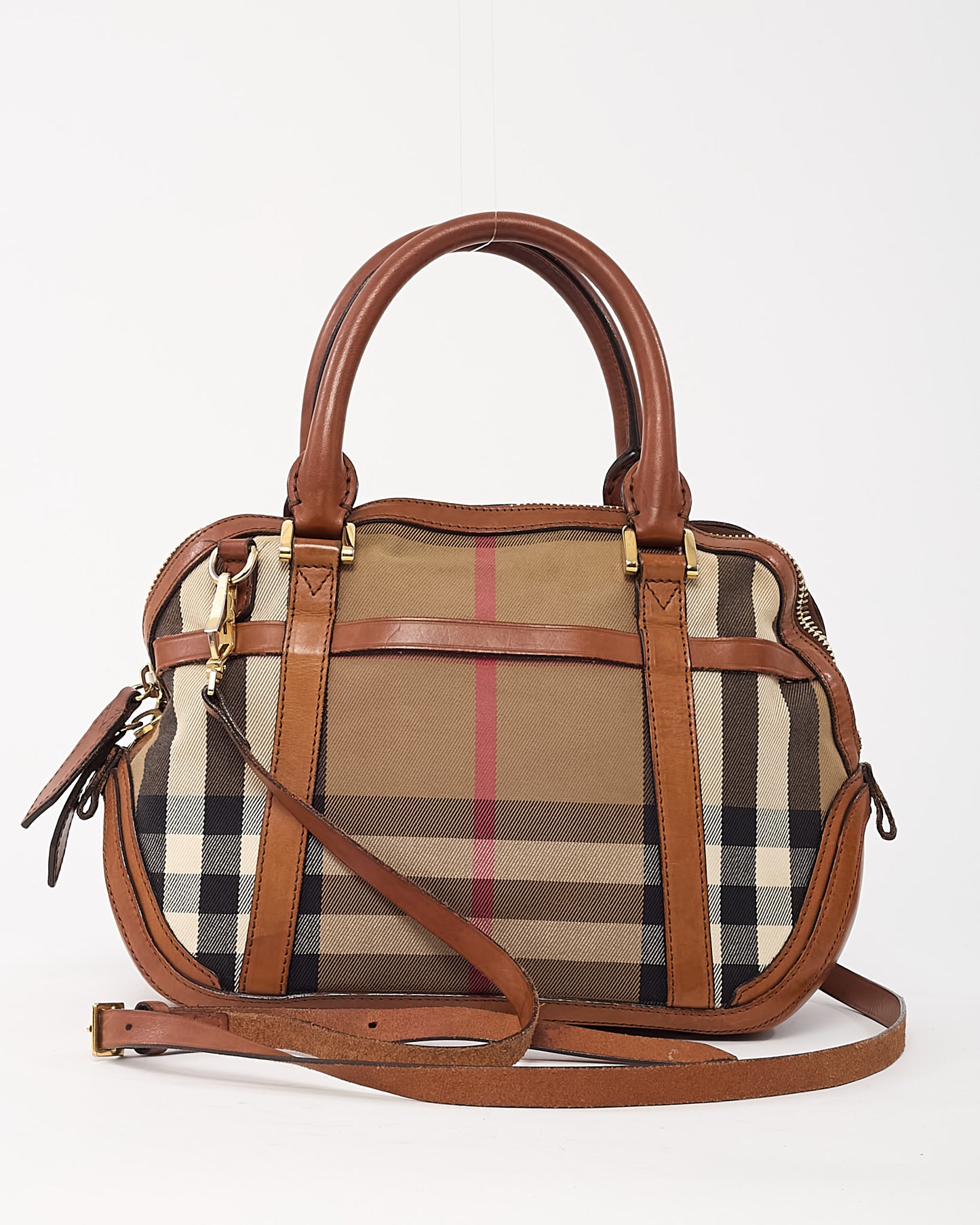 Burberry Tan Leather and Beige House Check Canvas 2Way Top Handle Bag with Strap