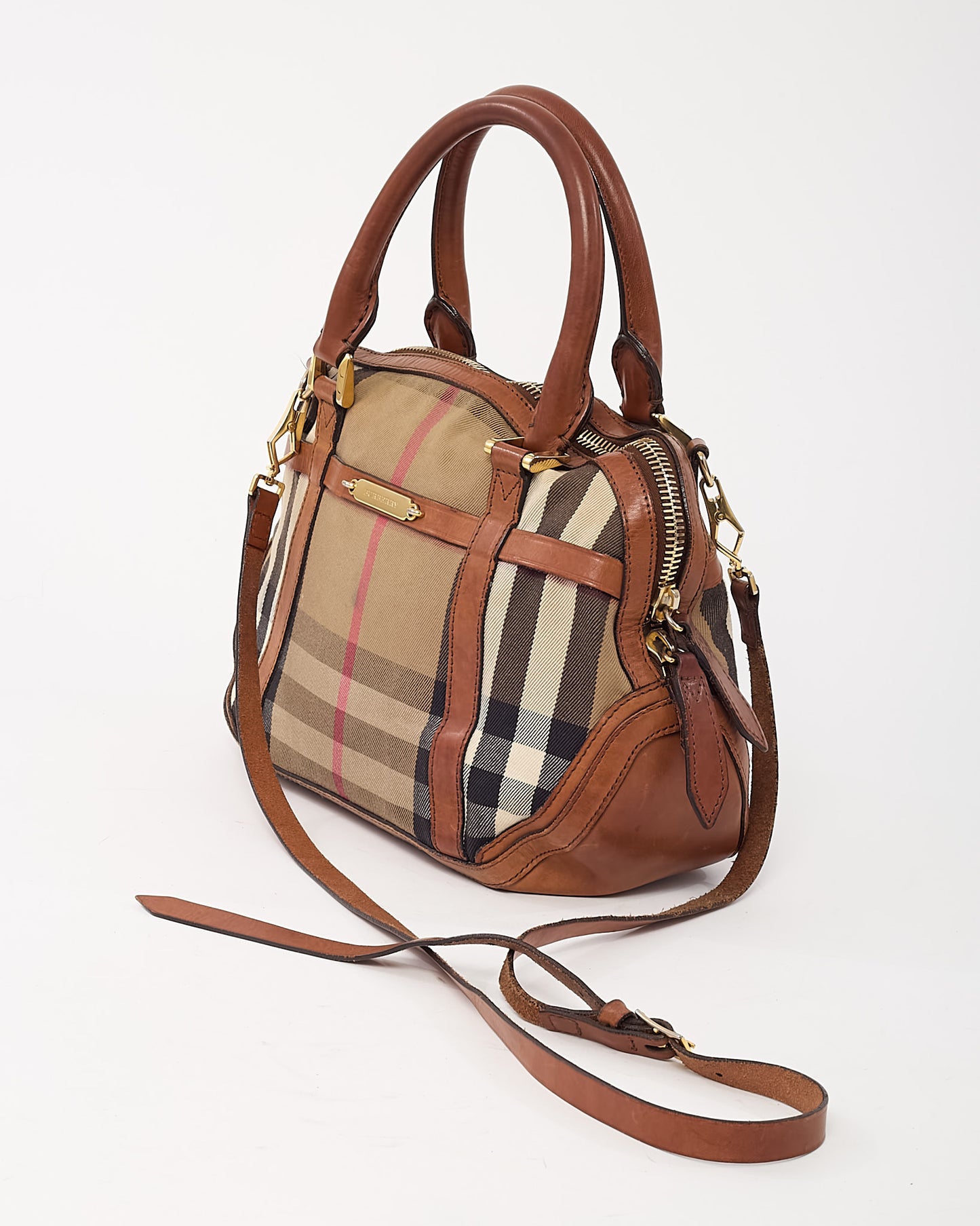 Burberry Tan Leather and Beige House Check Canvas 2Way Top Handle Bag with Strap