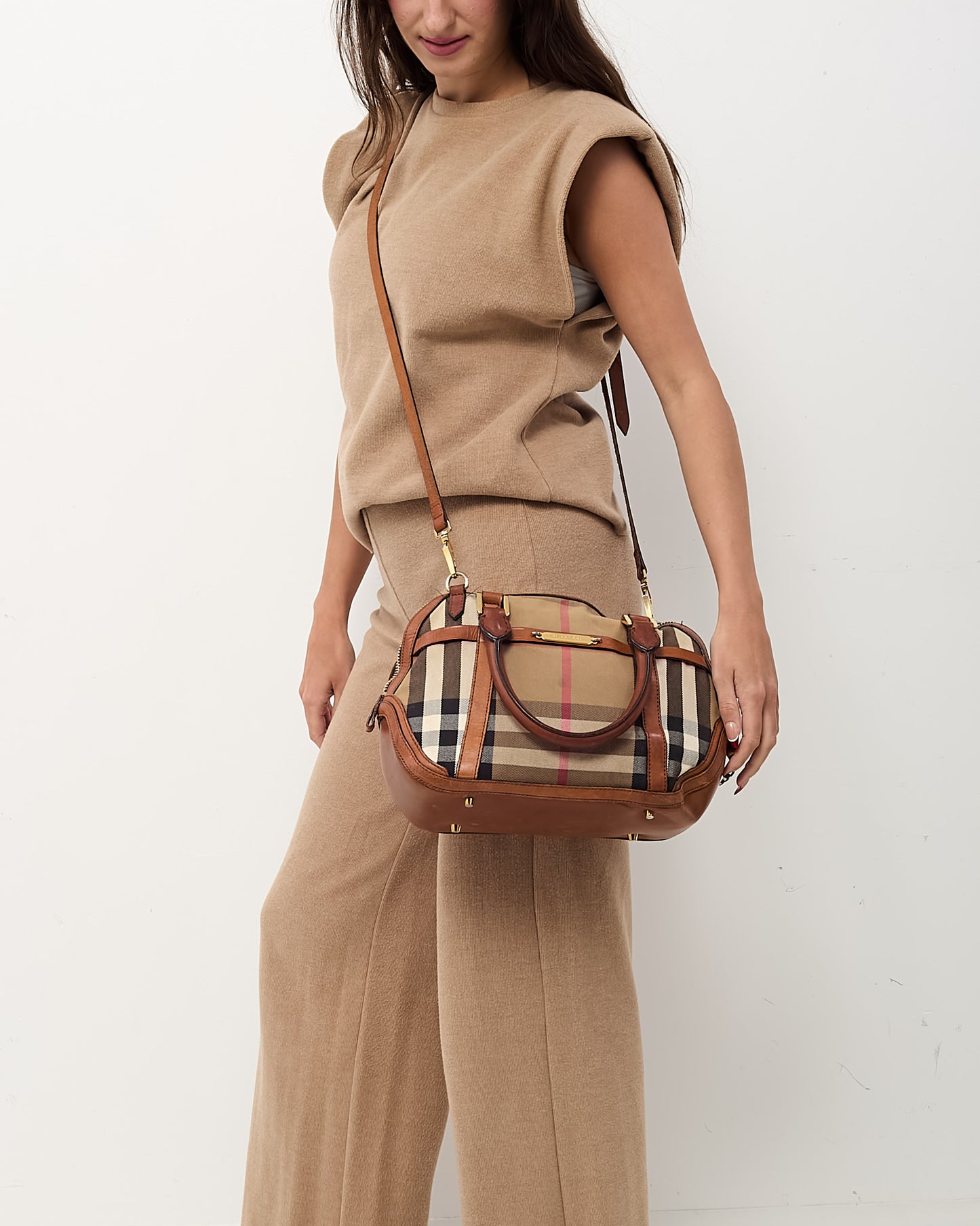 Burberry Tan Leather and Beige House Check Canvas 2Way Top Handle Bag with Strap