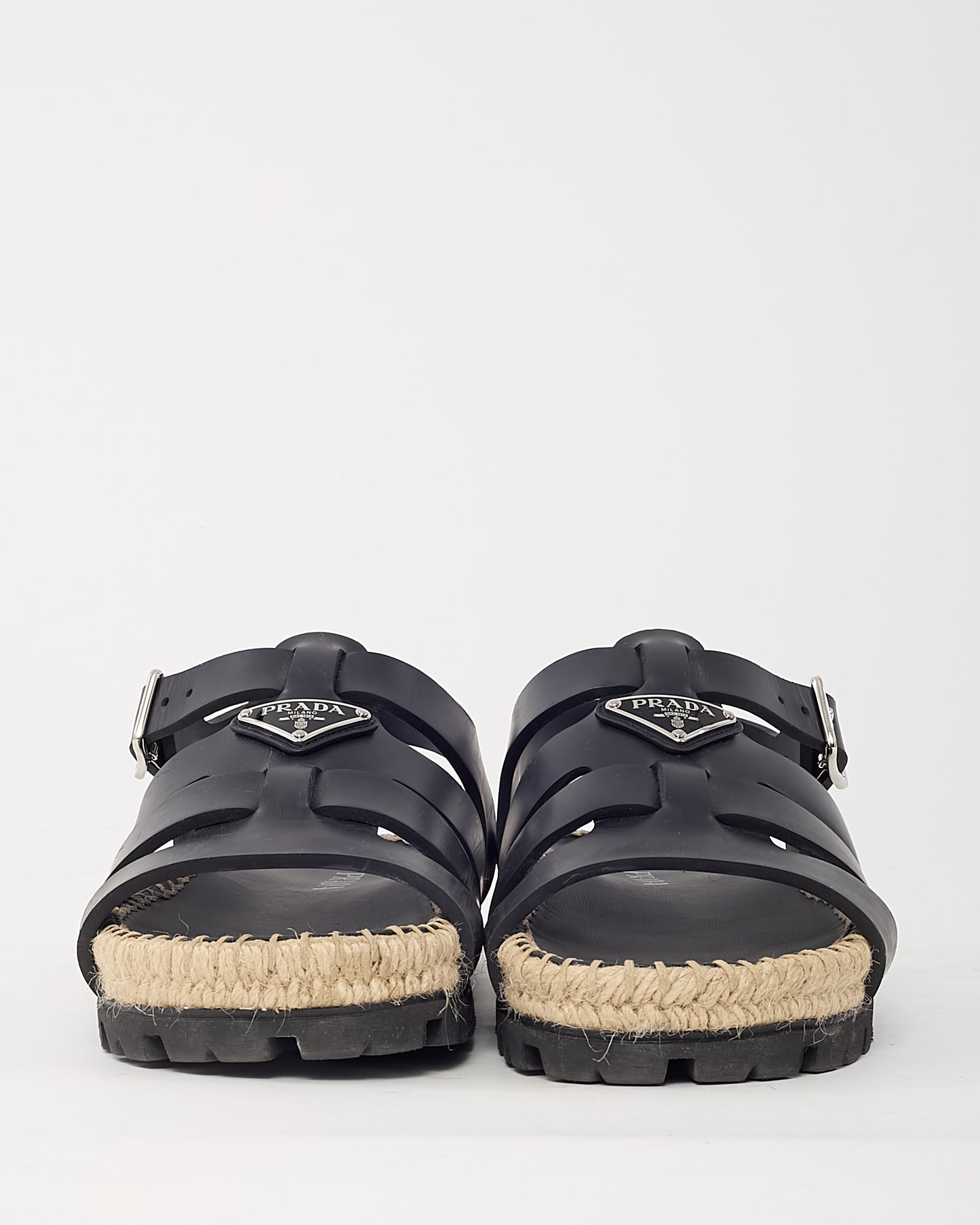 Prada Black Rubber Triangle Logo Espadrille Fisherman Sandals - 38