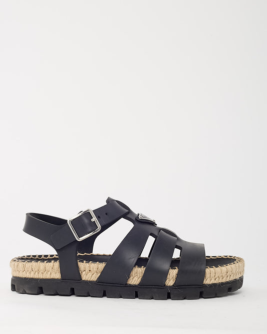 Prada Black Rubber Triangle Logo Espadrille Fisherman Sandals - 38