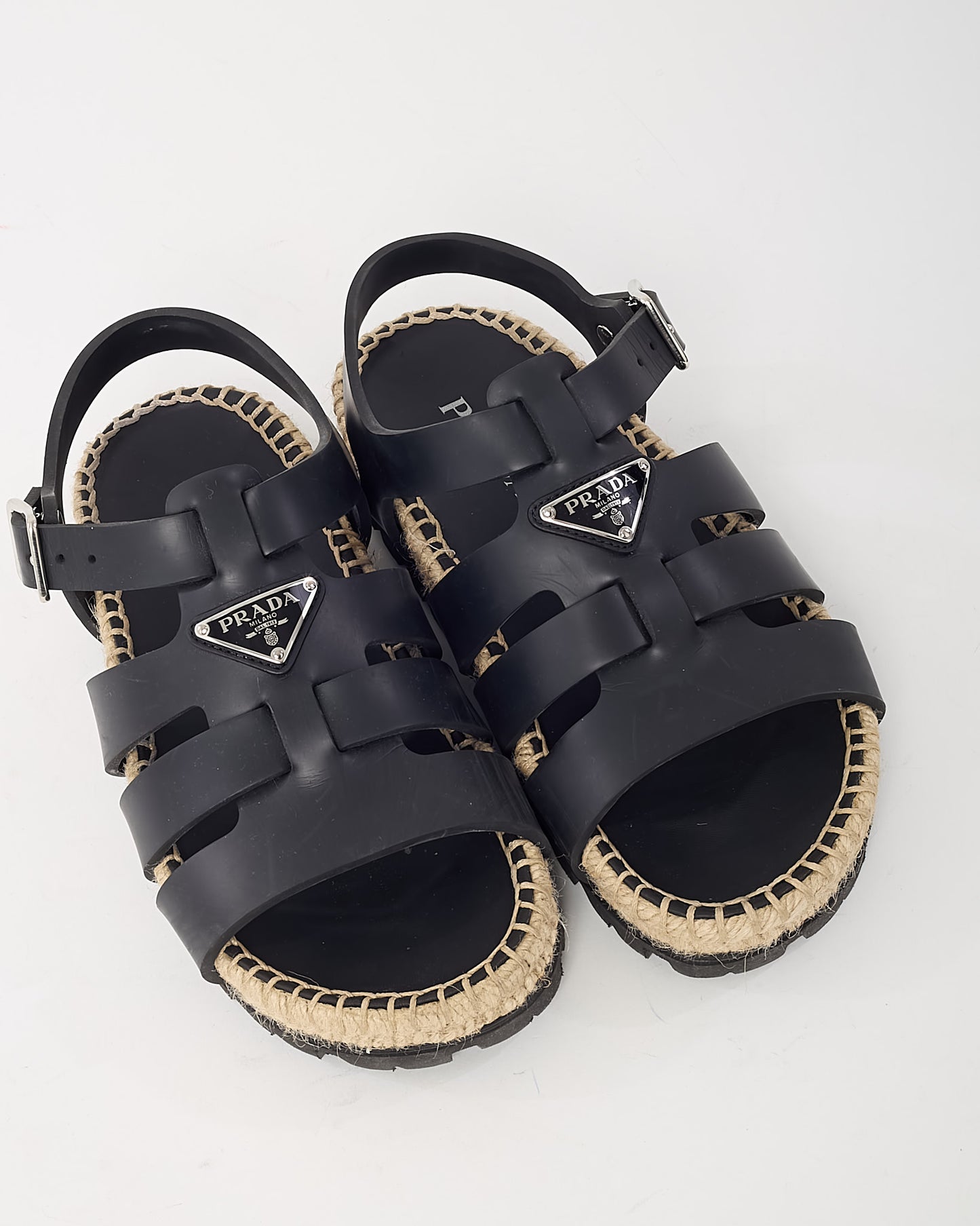 Prada Black Rubber Triangle Logo Espadrille Fisherman Sandals - 38