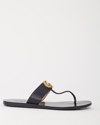Gucci Black Leather Gold GG Marmont Flip Flop Sandals - 36