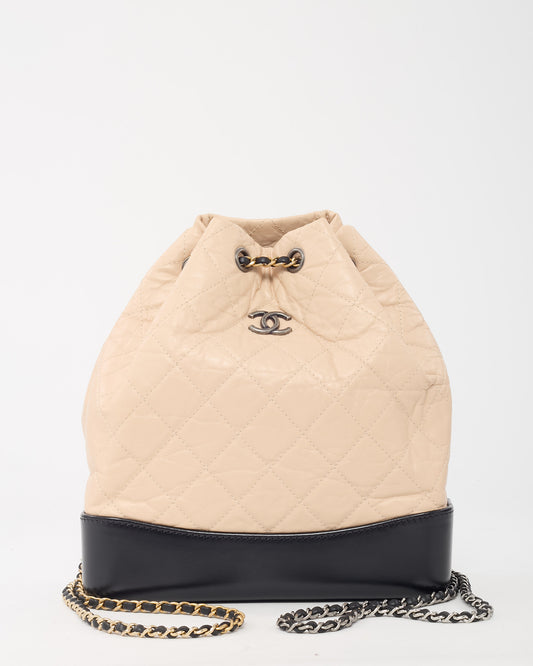Chanel Beige and Black Aged Quilted Calfskin Leather Small Gabrielle Backpack