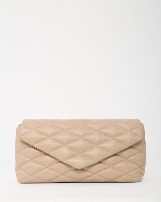 Saint Laurent Beige Quilted Puffer Leather YSL Sade Envelope Clutch Bag